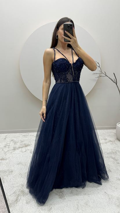 Navy Blue Transparent Detail Embroidered Design Tulle Evening Dress