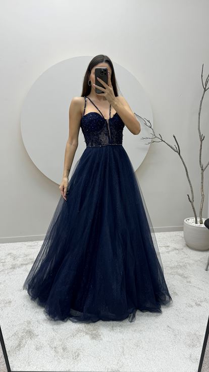 Navy Blue Transparent Detail Embroidered Design Tulle Evening Dress
