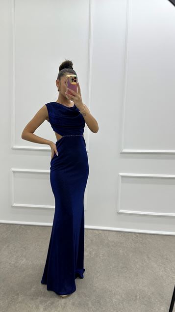 Navy Blue Back Detail Glitter Design Evening Dress
