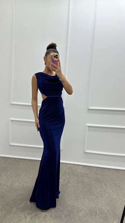 Lacivert Sırt Detay Simli Tasarım Abiye Elbise