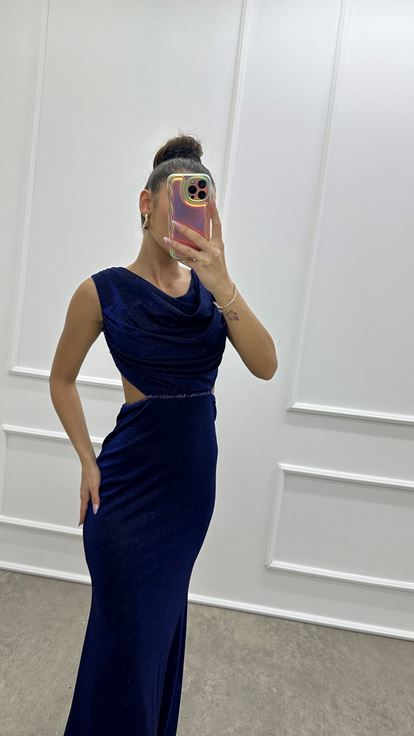 Lacivert Sırt Detay Simli Tasarım Abiye Elbise