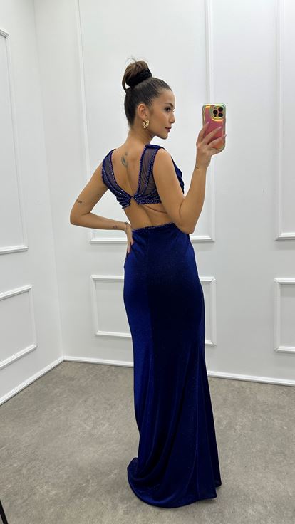 Lacivert Sırt Detay Simli Tasarım Abiye Elbise