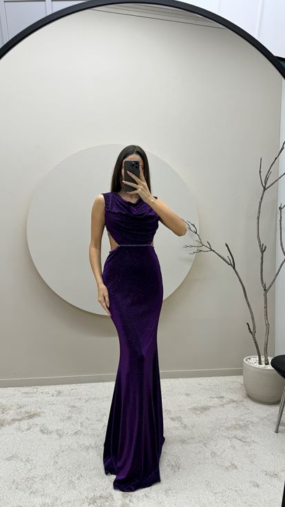 Purple Back Detail Glitter Design Evening Dress