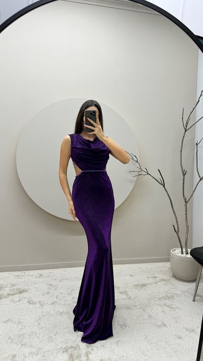 Purple Back Detail Glitter Design Evening Dress