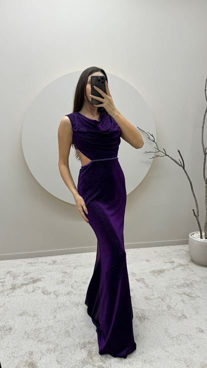 Purple Back Detail Glitter Design Evening Dress