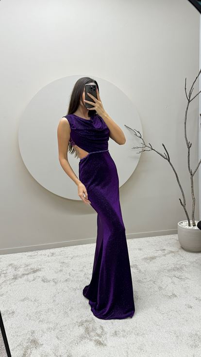 Purple Back Detail Glitter Design Evening Dress