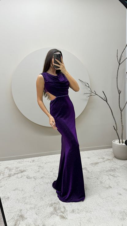 Purple Back Detail Glitter Design Evening Dress