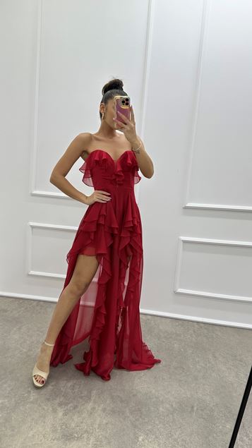 Red Strapless Ruffle Detail Design Evening Dress
