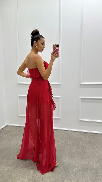 Kırmızı Straplez Fırfır Detay Tasarım Abiye Elbise