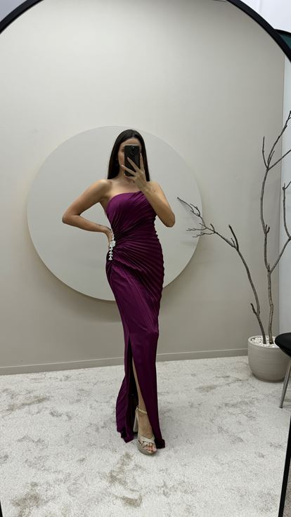 Plum Strapless Pleated Waist Detail Design Evening Dress