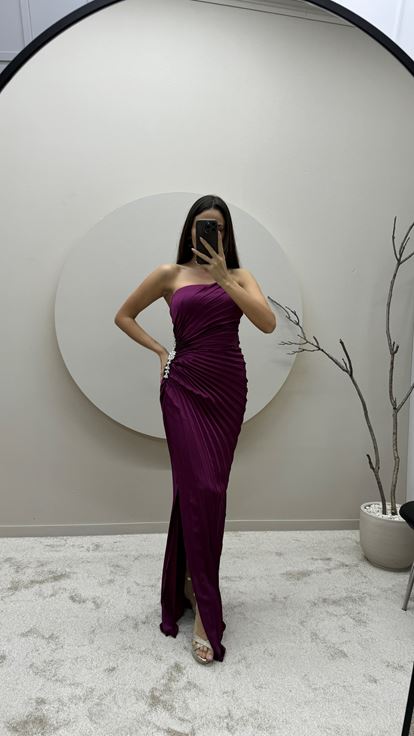 Plum Strapless Pleated Waist Detail Design Evening Dress