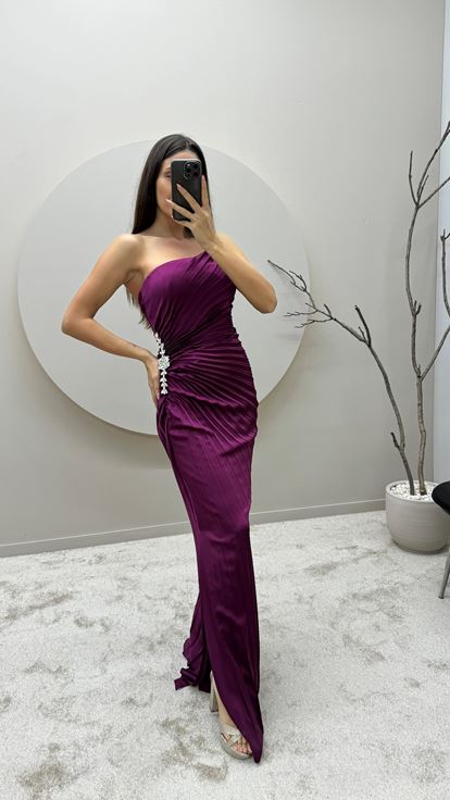 Plum Strapless Pleated Waist Detail Design Evening Dress