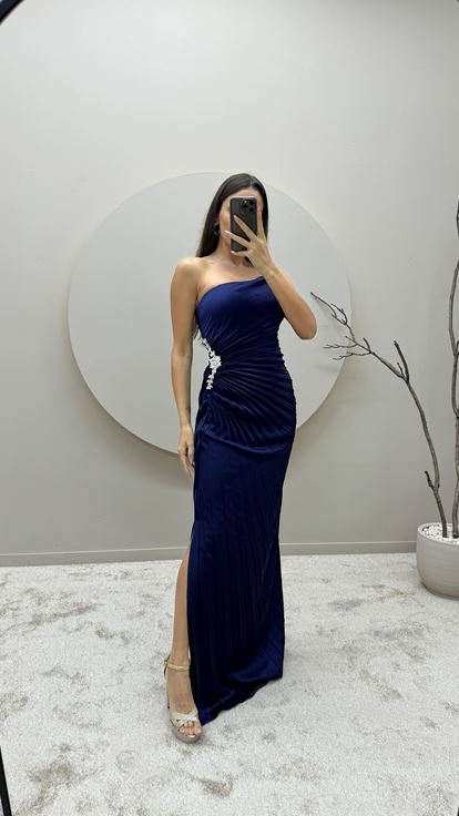 Navy Blue Strapless Pleated Waist Detail Design Evening Dress