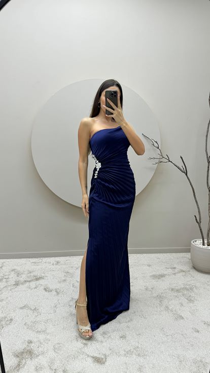 Navy Blue Strapless Pleated Waist Detail Design Evening Dress