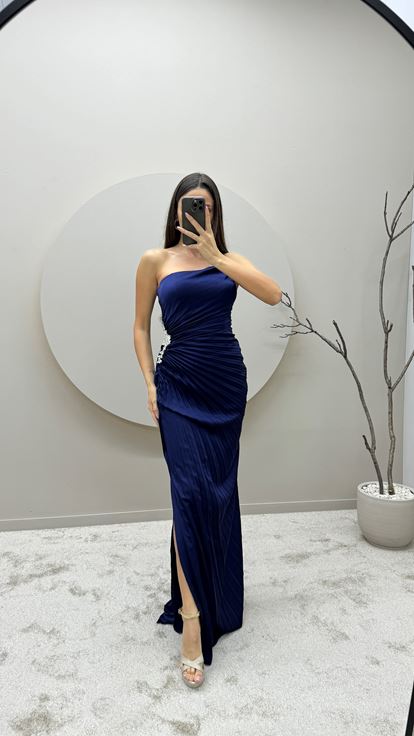Navy Blue Strapless Pleated Waist Detail Design Evening Dress
