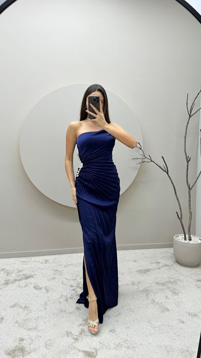 Navy Blue Strapless Pleated Waist Detail Design Evening Dress