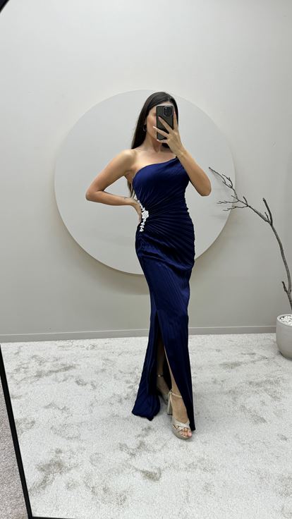 Navy Blue Strapless Pleated Waist Detail Design Evening Dress