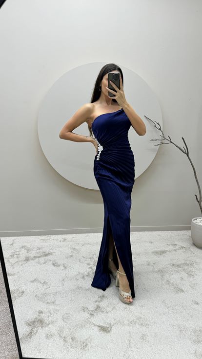 Navy Blue Strapless Pleated Waist Detail Design Evening Dress