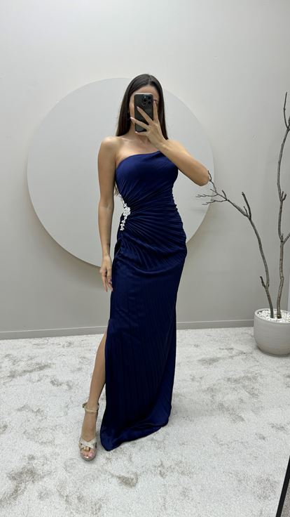 Navy Blue Strapless Pleated Waist Detail Design Evening Dress
