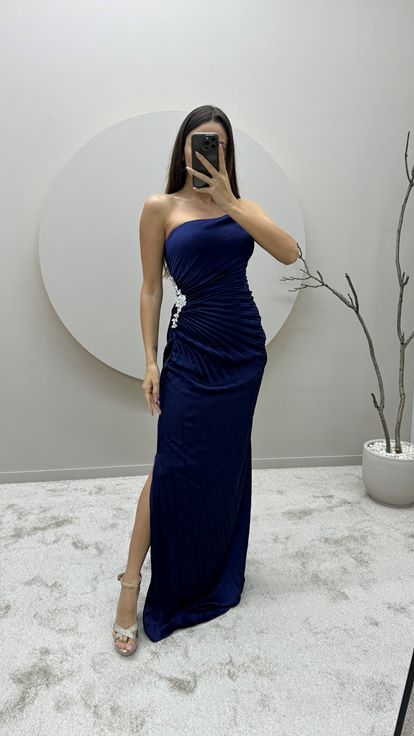 Navy Blue Strapless Pleated Waist Detail Design Evening Dress