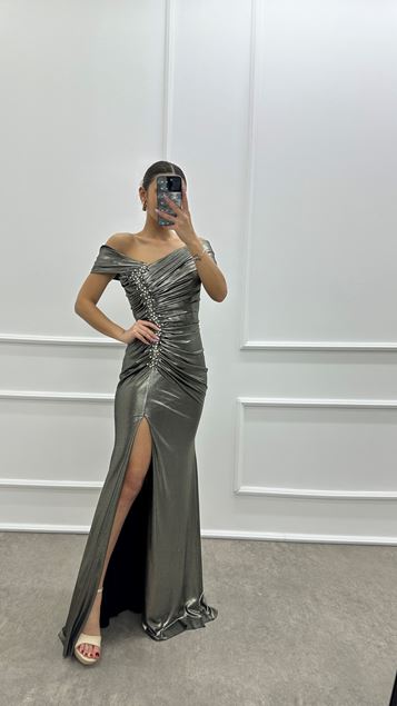 Waist Detail Stone Embroidered Design Satin Evening Dress