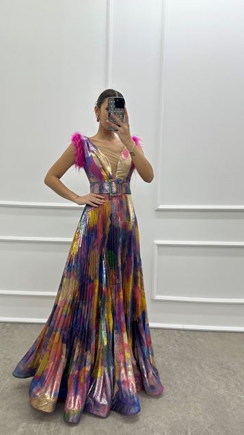 Fuchsia Feather Detail Pleated Design Satin Evening Dress