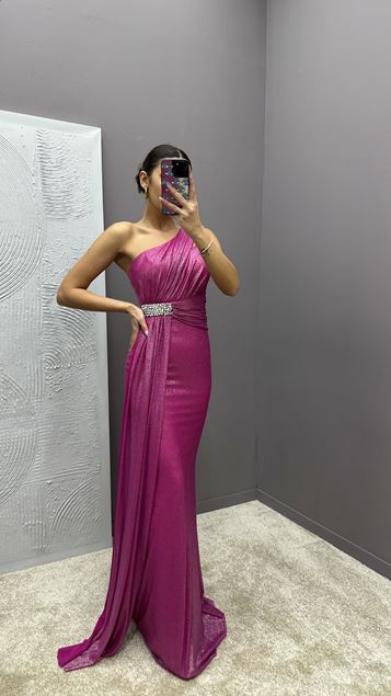 Fuchsia One Shoulder Draped Stone Embroidered Design Satin Evening Dress