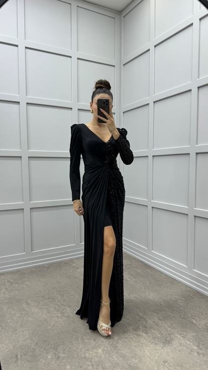 Black V-Neck Asymmetrical Cut Design Evening Dress
