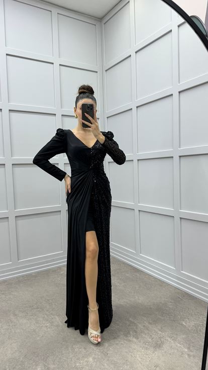 Black V-Neck Asymmetrical Cut Design Evening Dress