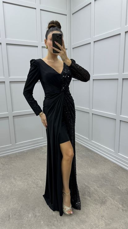 Black V-Neck Asymmetrical Cut Design Evening Dress