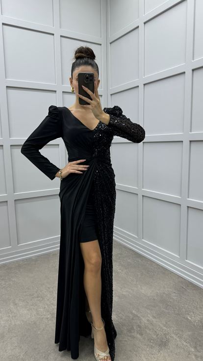 Black V-Neck Asymmetrical Cut Design Evening Dress