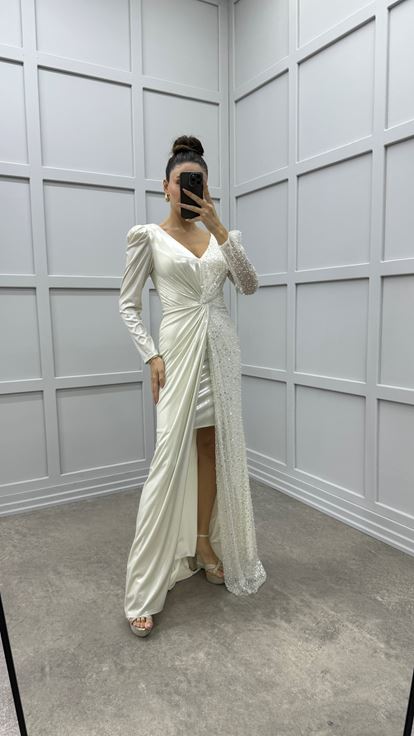 Beige V-Neck Asymmetrical Cut Design Evening Dress