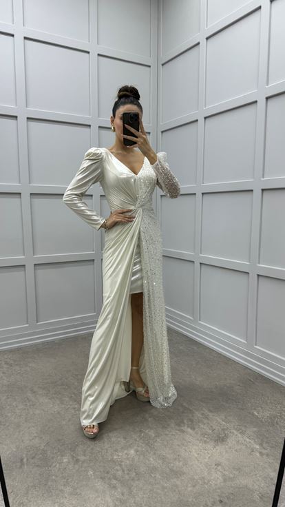 Beige V-Neck Asymmetrical Cut Design Evening Dress