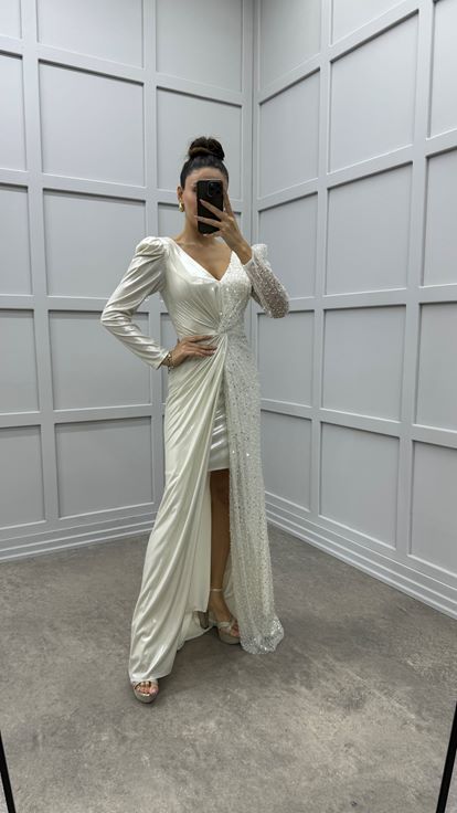 Beige V-Neck Asymmetrical Cut Design Evening Dress