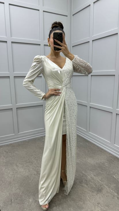Beige V-Neck Asymmetrical Cut Design Evening Dress