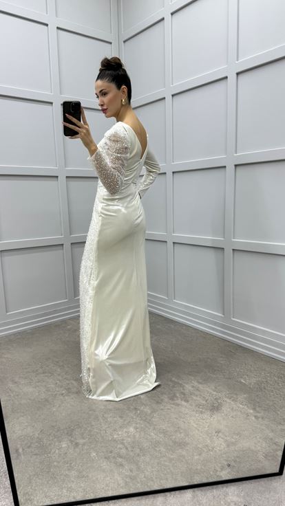 Beige V-Neck Asymmetrical Cut Design Evening Dress