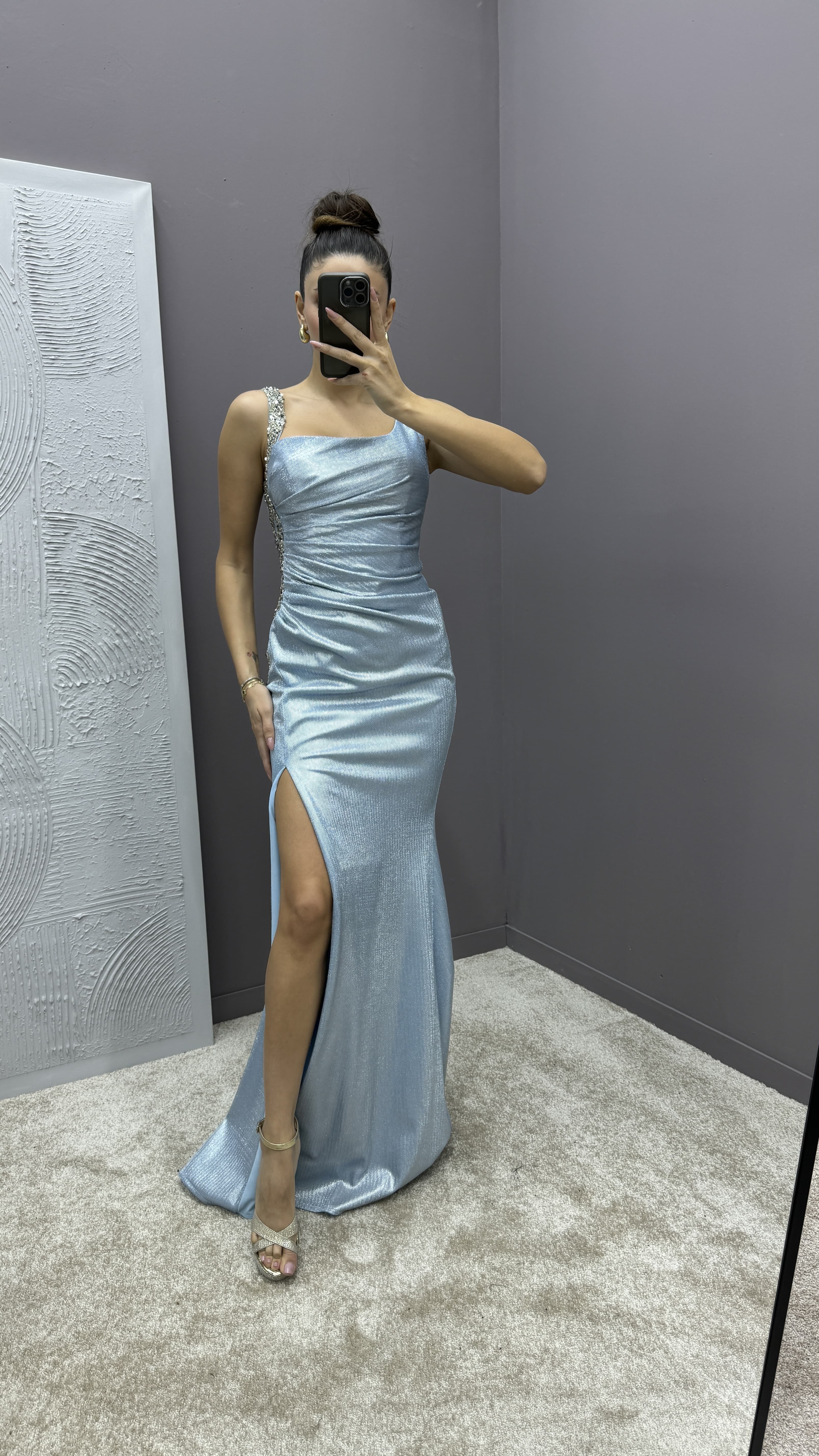 Baby Blue Shoulder Detail Draped Design Satin Evening Dress