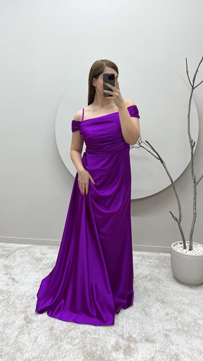 Fuşya İp Askılı Omuz Detay Tasarım Saten Büyük Beden Abiye Elbise