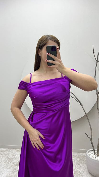 Fuşya İp Askılı Omuz Detay Tasarım Saten Büyük Beden Abiye Elbise