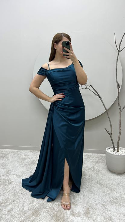 Turkuaz İp Askılı Omuz Detay Tasarım Saten Büyük Beden Abiye Elbise