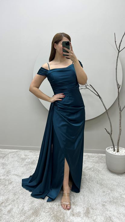 Turkuaz İp Askılı Omuz Detay Tasarım Saten Büyük Beden Abiye Elbise