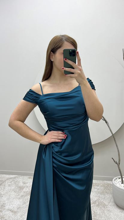 Turkuaz İp Askılı Omuz Detay Tasarım Saten Büyük Beden Abiye Elbise