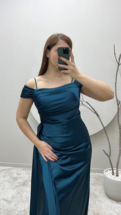 Turkuaz İp Askılı Omuz Detay Tasarım Saten Büyük Beden Abiye Elbise