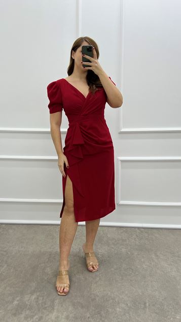 Kırmızı Kruvaze Yaka Volan Detay Tasarım Büyük Beden Elbise