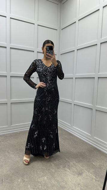 Black V-Neck Stone Detail Special Embroidered Design Evening Dress