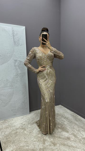 Powder V-Neck Stone Detail Special Embroidered Design Evening Dress