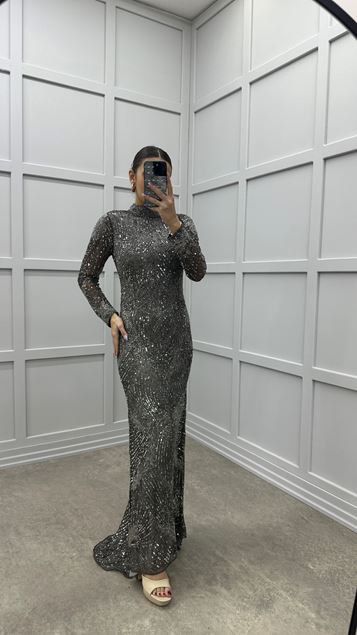 Grey Special Embroidered Design Evening Dress