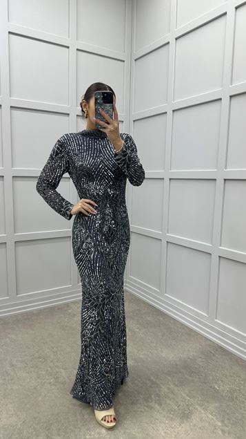 Robe de soirée à motif brodé spécial anthracite