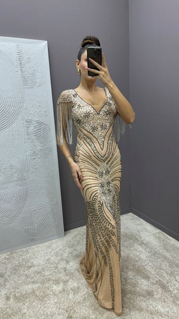 Powder Chest Detail Sleeves Tasseled Special Embroidered Design Evening Dress