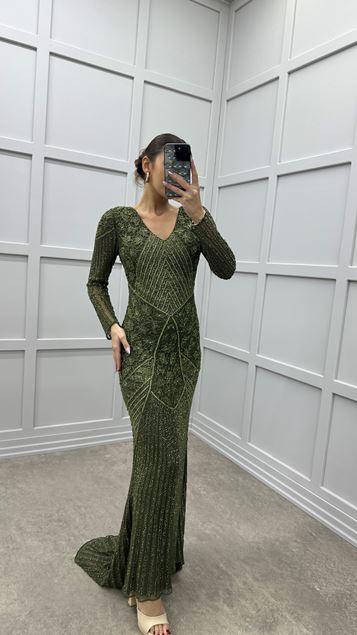 Robe de soirée à motif brodé spécial à col en V kaki